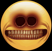 a yellow smiley face with a skull face and teeth