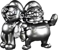 a statue of mario and wario standing next to each other on a white background