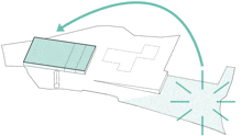 a drawing of a building with an arrow pointing to the right