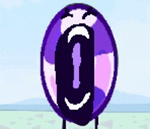 a cartoon drawing of a purple and pink object with a mouth and eyes .