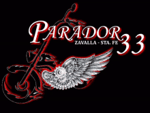 a parador 33 logo with a motorcycle and wings on a black background