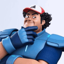 a 3d rendering of a cartoon character wearing a blue armor and a red hat .