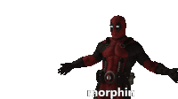 a deadpool standing with his arms outstretched and the word morphin written below him