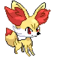 a pixel art of a fox with red ears holding a fireball in its mouth .