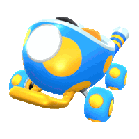 a blue and yellow toy with wheels and a white circle on it