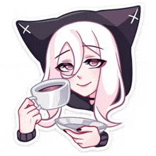 a sticker of a girl with cat ears holding a cup of tea .