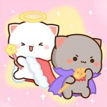 a cartoon illustration of a white cat with an angel halo and a gray cat with a vampire cape