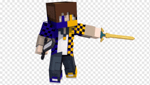 a minecraft character is holding a gold sword and a knife