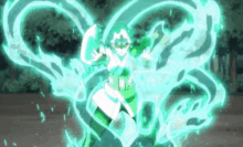 a girl in a green and white outfit is surrounded by green smoke