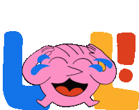 a pink cartoon character is laughing with tears coming out of his eyes and the letter l behind him