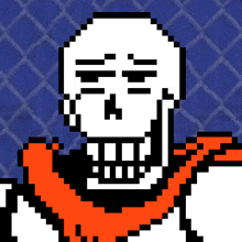 a pixel art of a skeleton with a red scarf around his neck