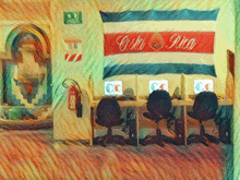 a painting of a computer room with a costa rica flag hanging on the wall