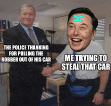 a man shaking hands with elon musk with a blue cross on his forehead