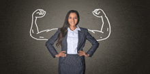 a woman in a suit has her hands on her hips with a drawing of her muscles behind her