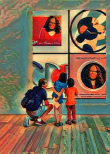 a painting of a man and two children looking at a painting of a woman named vera thomas shaver