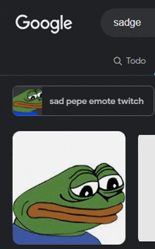 a google search for sad pepe emote twitch shows a picture of a sad pepe frog