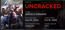 a poster for marvel 's avengers showing the release date and crack date