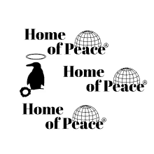 a logo for home of peace with a penguin and a globe