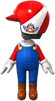 a cartoon character is wearing a red and white helmet with a m on it