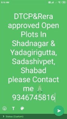 a phone screen says dtcp & rera approved open plots in shadnagar & sadagirigutta sadashivpet shabad please contact me