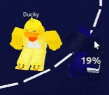 a yellow duck with the name ducky standing next to a person