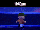 a cartoon character in a green hat stands in front of a clock that says 10:40 pm