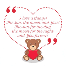 a teddy bear is holding a red heart with a quote behind it