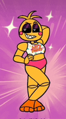 chica from five nights at freddy 's is standing in front of a purple background and wearing a bikini .