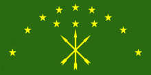 a green background with yellow stars and an arrow in the center