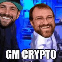 two men are smiling in front of a blue background with the words gm crypto written on it