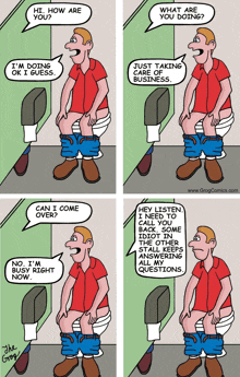 a cartoon shows a man sitting on a toilet talking to another man