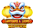 the logo for lanterns and lions hold & win shows a lion with lanterns on its head .