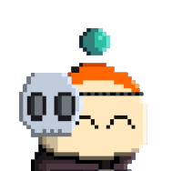 a pixel art drawing of a person with a skull and a green ball on top