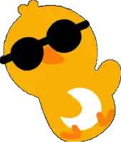 a cartoon chicken wearing sunglasses has a white crescent moon on its back