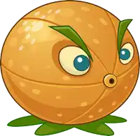 a cartoon drawing of an orange with green leaves