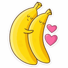 a couple of bananas hugging each other with hearts around them .