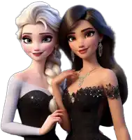 two cartoon characters standing next to each other one in a black dress and one in a white dress