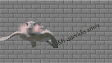 a turtle is swimming in front of a brick wall with the words mi querido amor on it