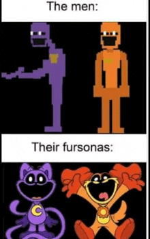 the men : their fursonas : a purple cat , an orange man , and a dog