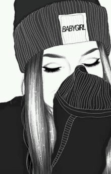 a black and white drawing of a girl wearing a beanie with the word babygirl on it