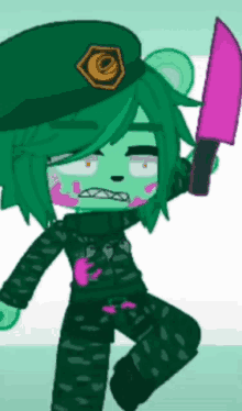 a cartoon character with green hair is holding a purple knife .