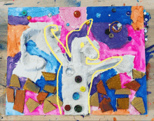 a colorful painting with buttons and a yellow line on it