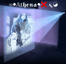 a picture of a woman is projected on a wall with the words athena x on it