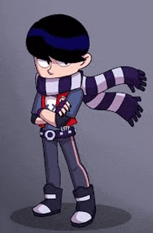 a cartoon character wearing a striped scarf and a skull shirt .