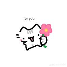 a drawing of a cat holding a pink flower .