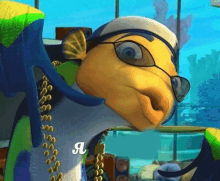 a cartoon fish wearing glasses and a necklace with the letter a on the bottom