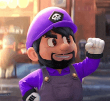 a cartoon character with a beard wearing a purple hat with a skull on it