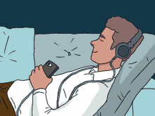 a cartoon drawing of a man listening to music