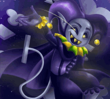 a cartoon drawing of a purple jester with a yellow necklace