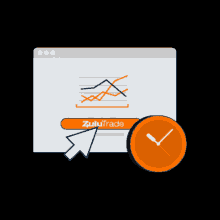 a computer screen with a clock and an arrow pointing to a button that says zulutrade